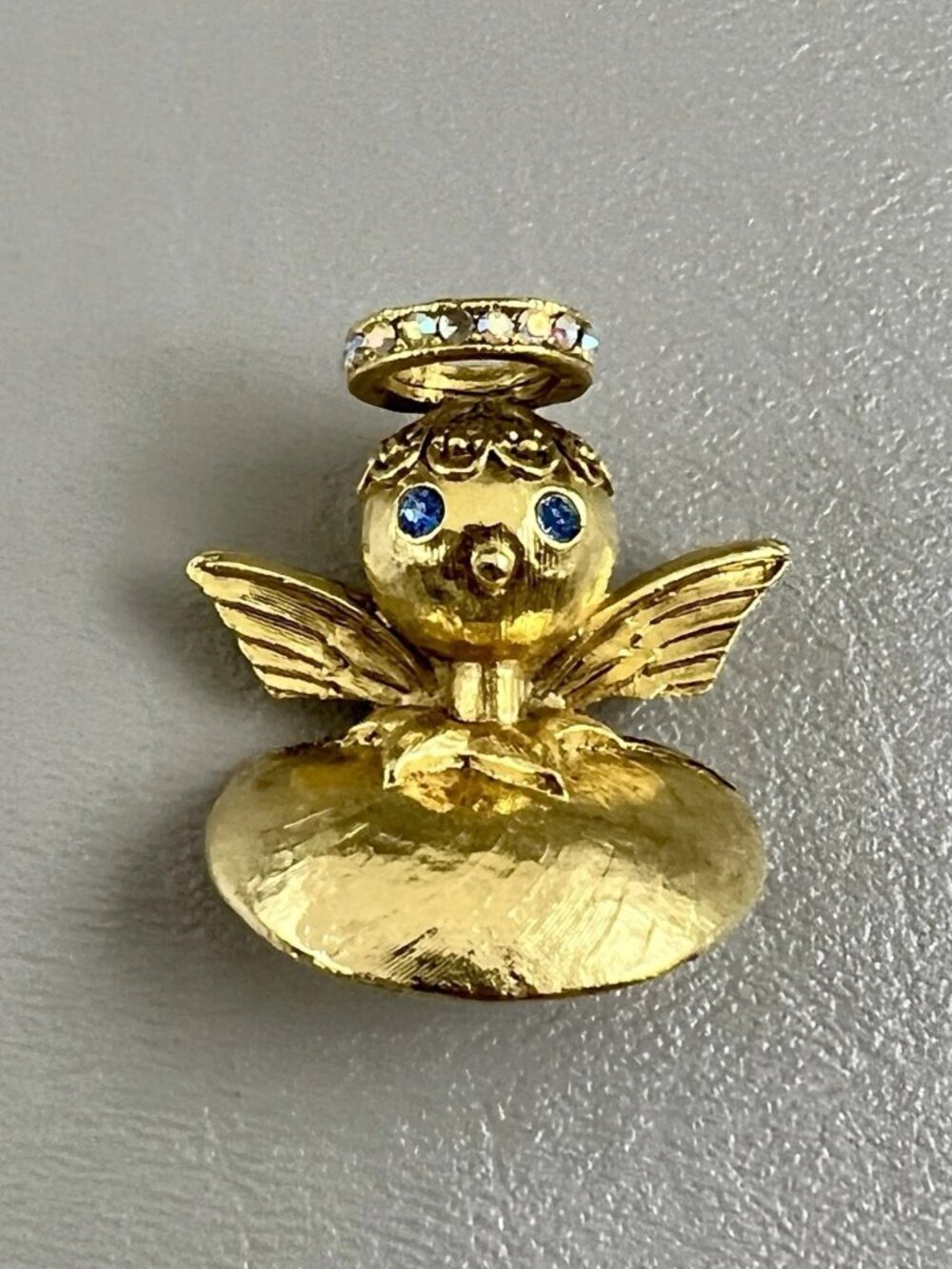 Vintage Tortolani Angel on My Shoulder Brooch Blue Rhinestone Eyes Signed